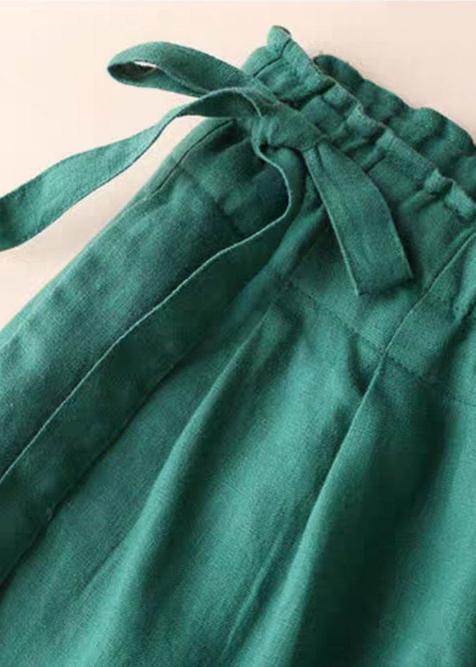 Loose Green Pockets drawstring Linen straight pants Summer