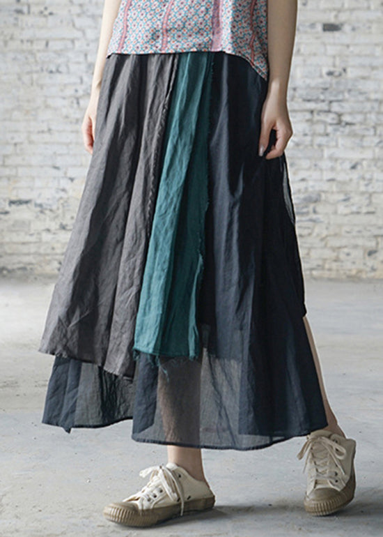 Loose Green elastic waist asymmetrical design Linen Skirts Spring