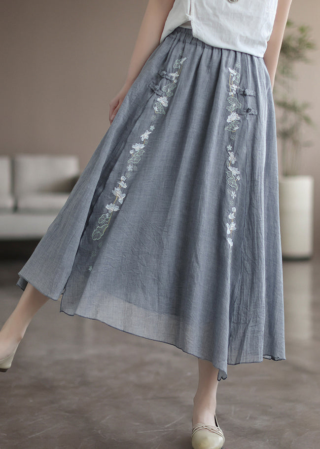 Loose Grey Embroideried Elastic Waist Patchwork Linen Skirt Fall