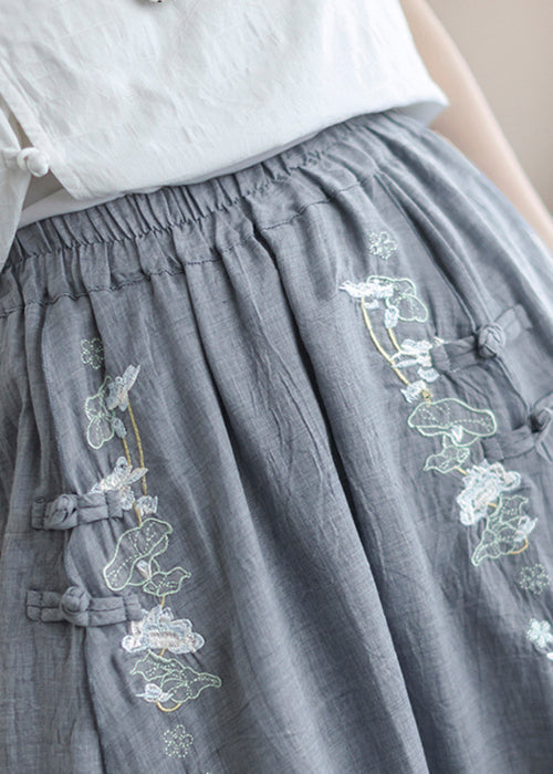 Loose Grey Embroideried Elastic Waist Patchwork Linen Skirt Fall