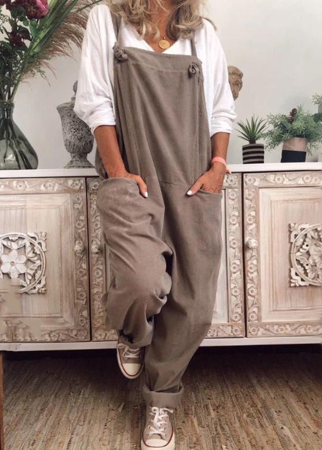 Loose Khaki Pockets Solid Cotton Jumpsuit Sleeveless