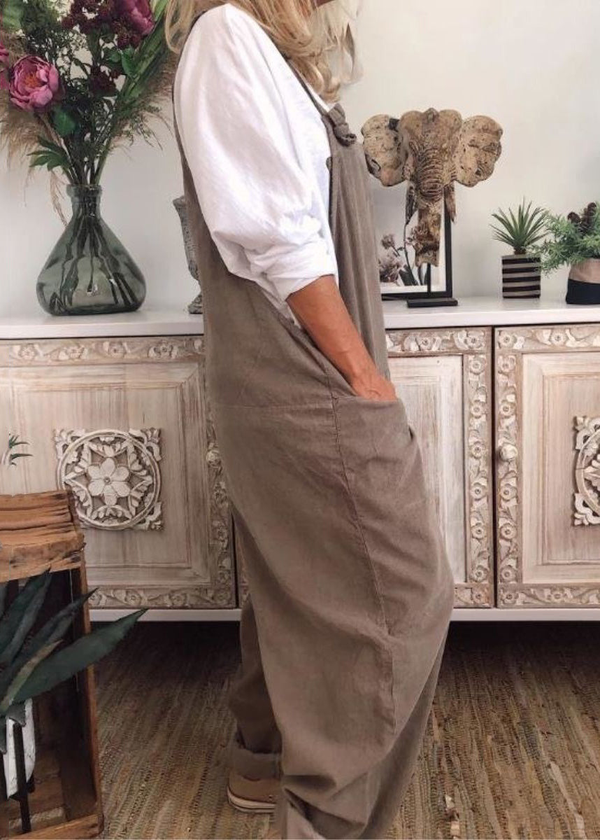 Loose Khaki Pockets Solid Cotton Jumpsuit Sleeveless