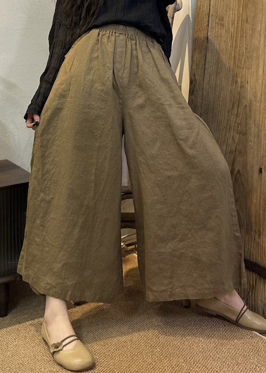 Loose Khaki Solid Elastic Waist Linen Wide Leg Pants Summer