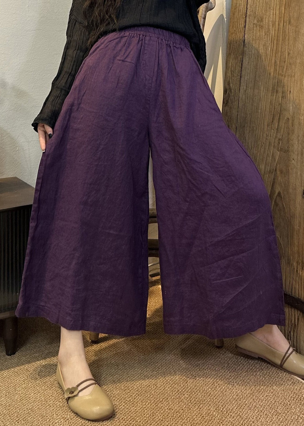 Loose Khaki Solid Elastic Waist Linen Wide Leg Pants Summer