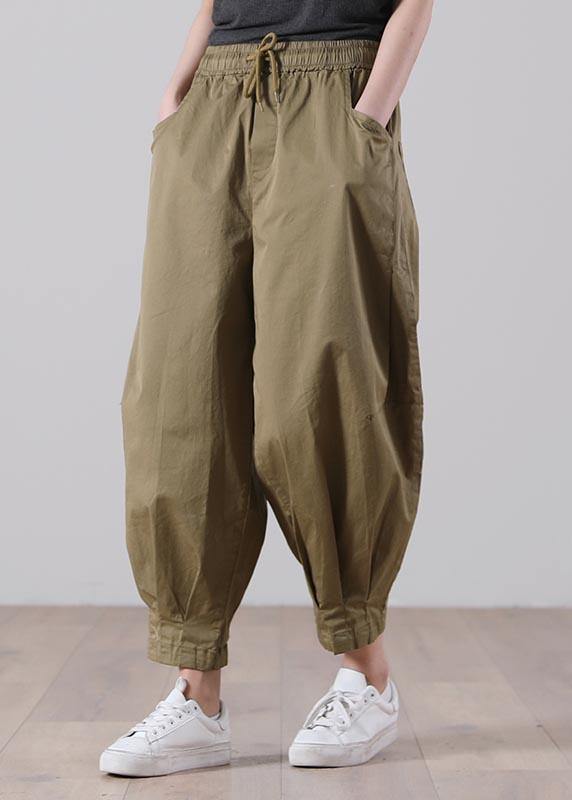 Loose Yellow texture tie waist Pockets Harem Pants Summer Cotton