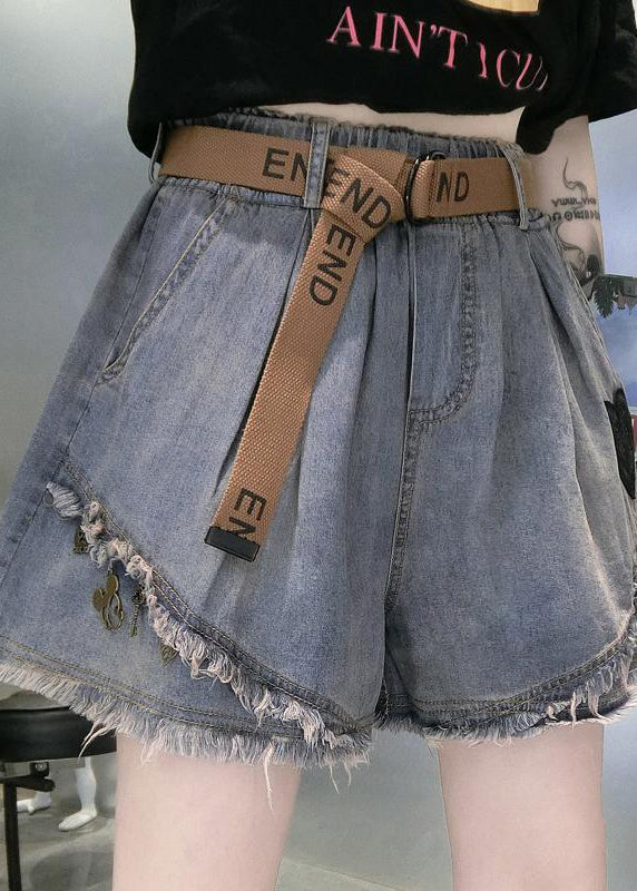 Loose Light Blue Pockets Elastic Waist Denim Shorts Summer