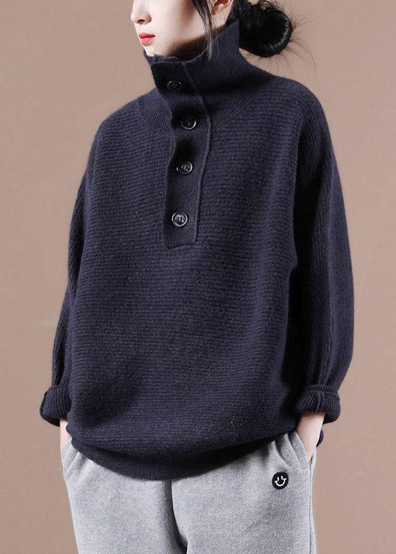 Loose Navy High Neck Button Fall Knit Sweater