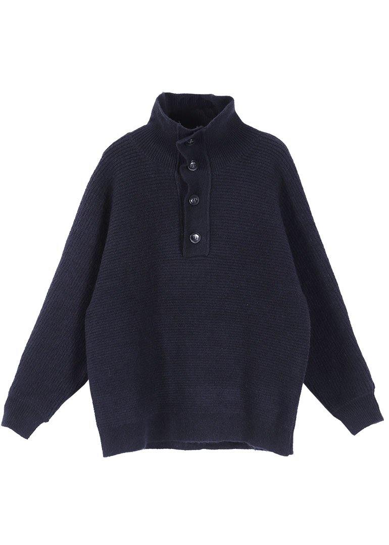 Loose Navy High Neck Button Fall Knit Sweater