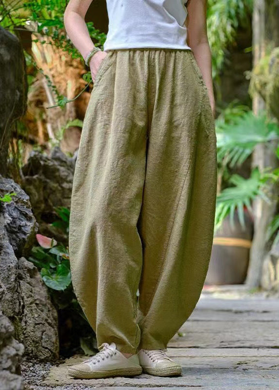 Loose Navy Pockets Elastic Waist Linen Pants Trousers Summer