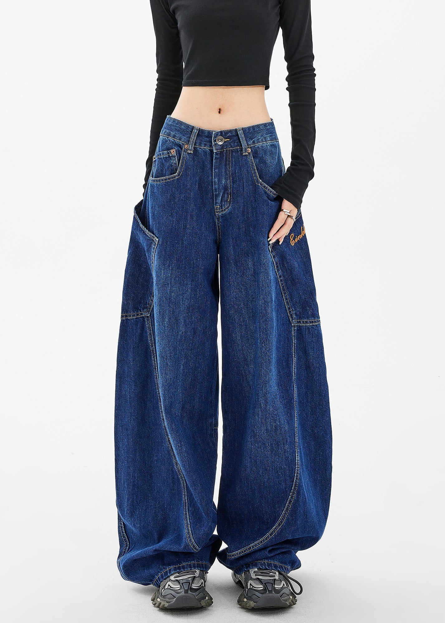 Loose Navy Pockets Wide Leg Denim Pants Spring