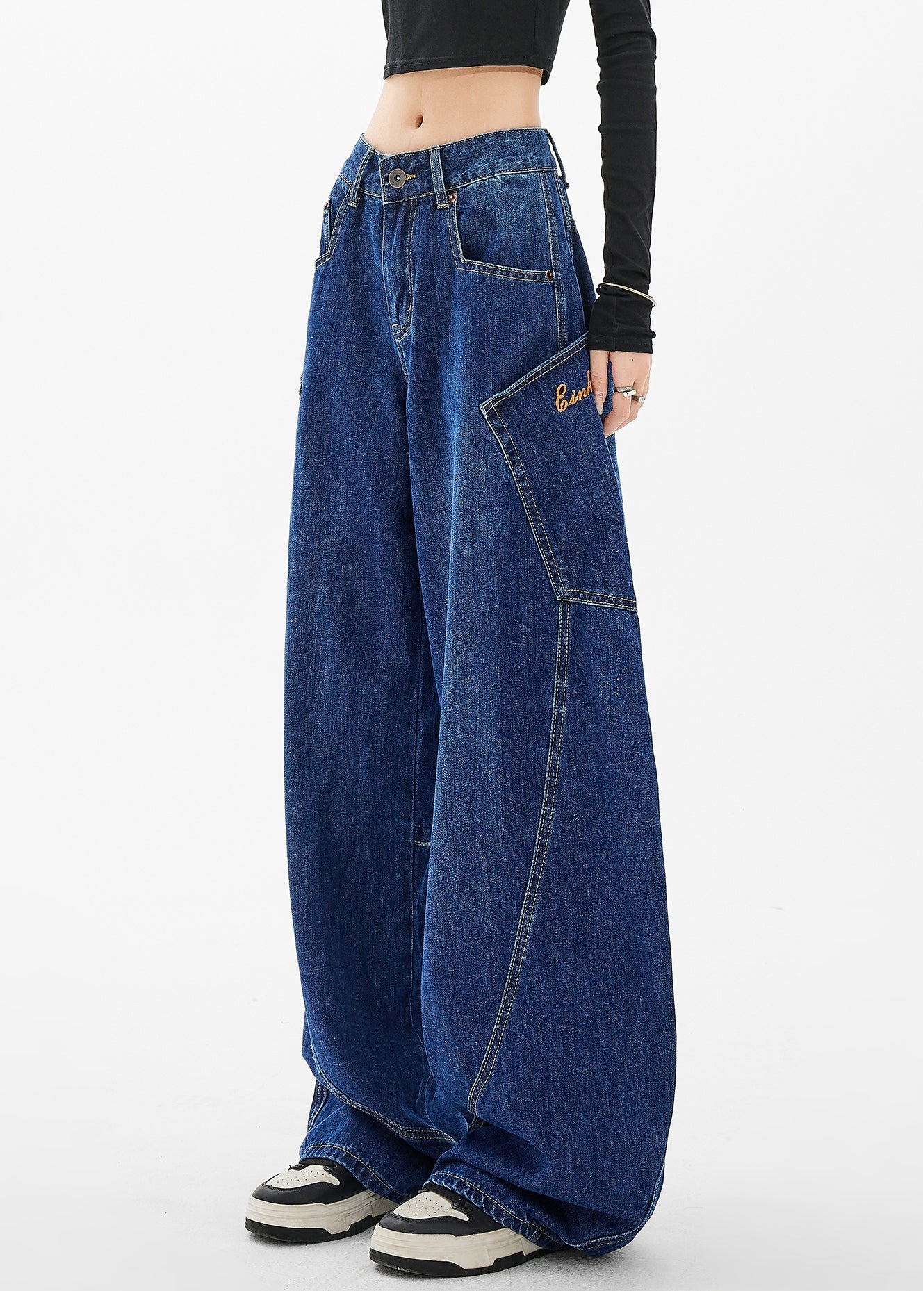 Loose Navy Pockets Wide Leg Denim Pants Spring