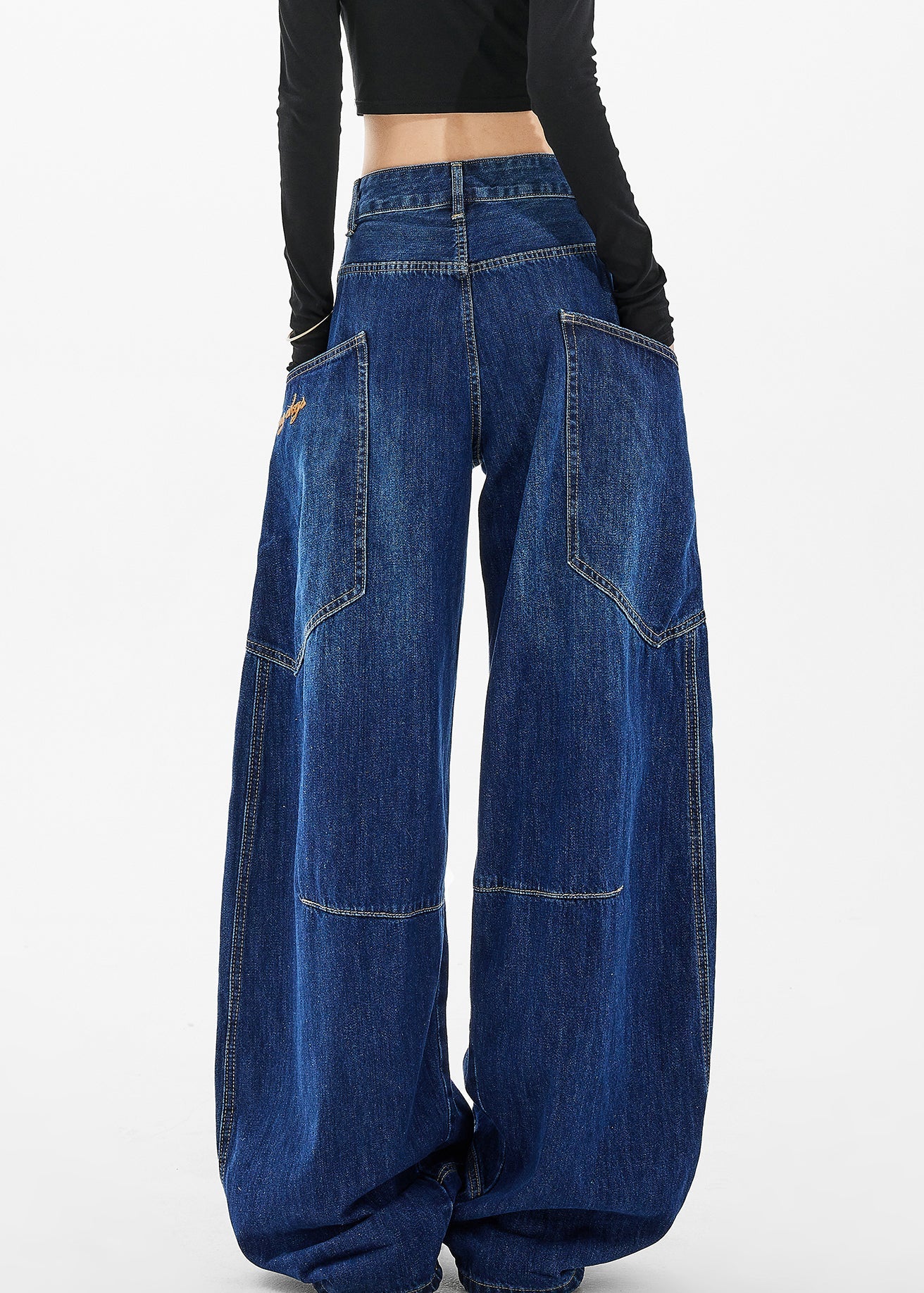 Loose Navy Pockets Wide Leg Denim Pants Spring