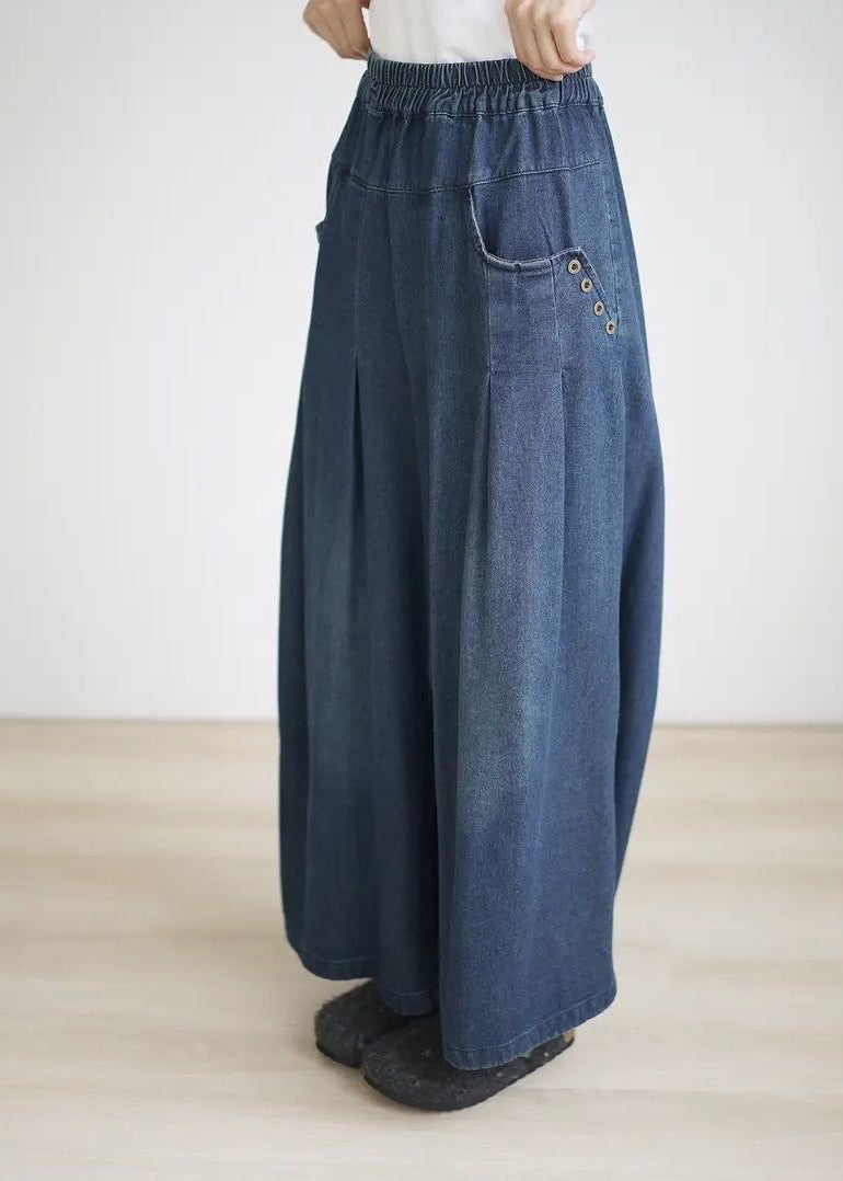 Loose Navy Pockets Wrinkled Denim Wide Leg Pants Summer