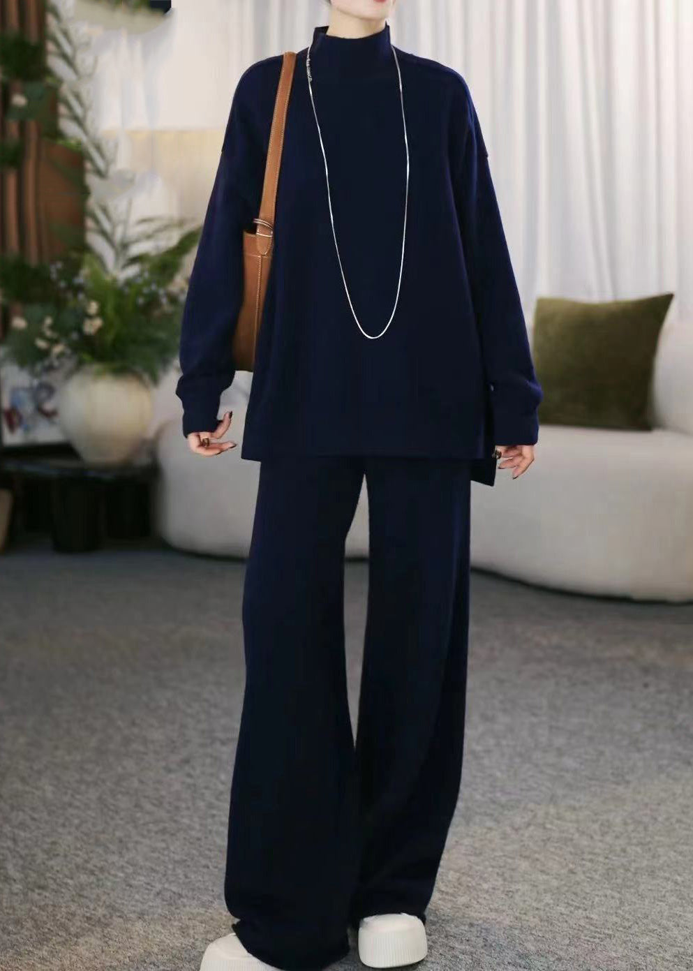 Loose Navy Turtleneck Cotton Knit Sweaters And Wide Leg Pants Two Piece Set Winter