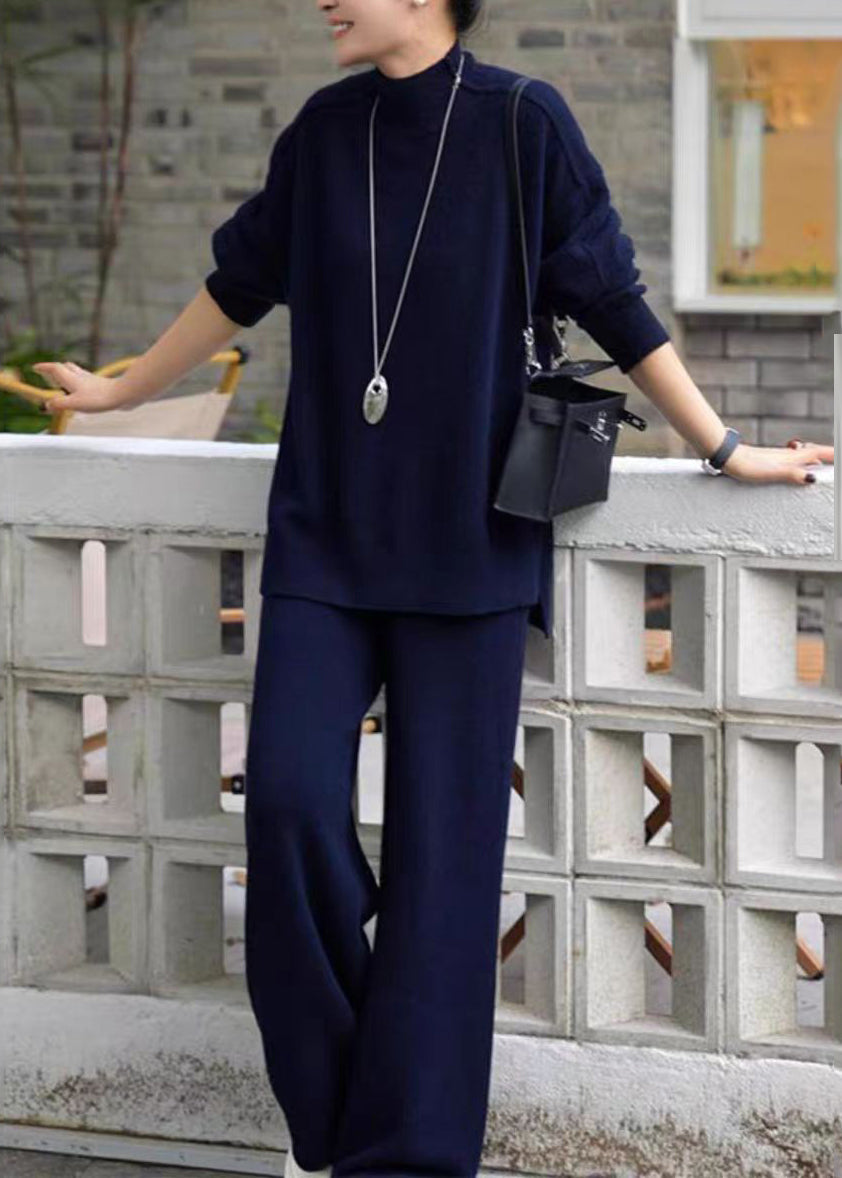 Loose Navy Turtleneck Cotton Knit Sweaters And Wide Leg Pants Two Piece Set Winter