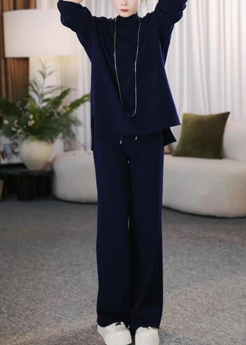 Loose Navy Turtleneck Cotton Knit Sweaters And Wide Leg Pants Two Piece Set Winter