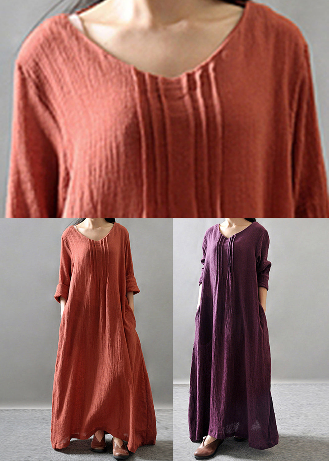 Loose Orange O-Neck Long Dress Spring