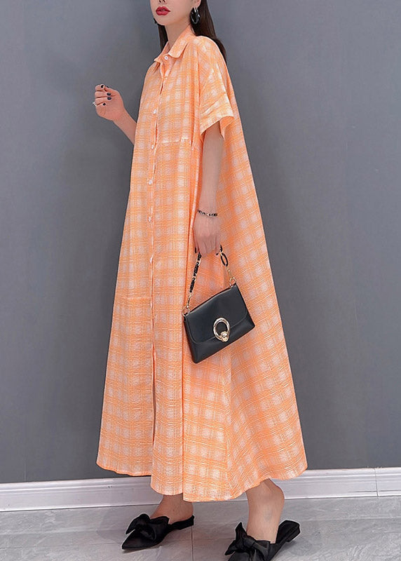 Loose Orange Peter Pan Collar Button Pockets Plaid Long Dress Short Sleeve