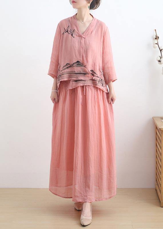 Birds Over The Clouds- Pink Oriental Summer Linen Outfit Blouse & Pants Two Pieces Set