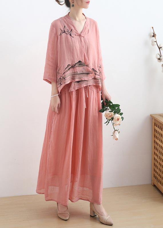 Birds Over The Clouds- Pink Oriental Summer Linen Outfit Blouse & Pants Two Pieces Set