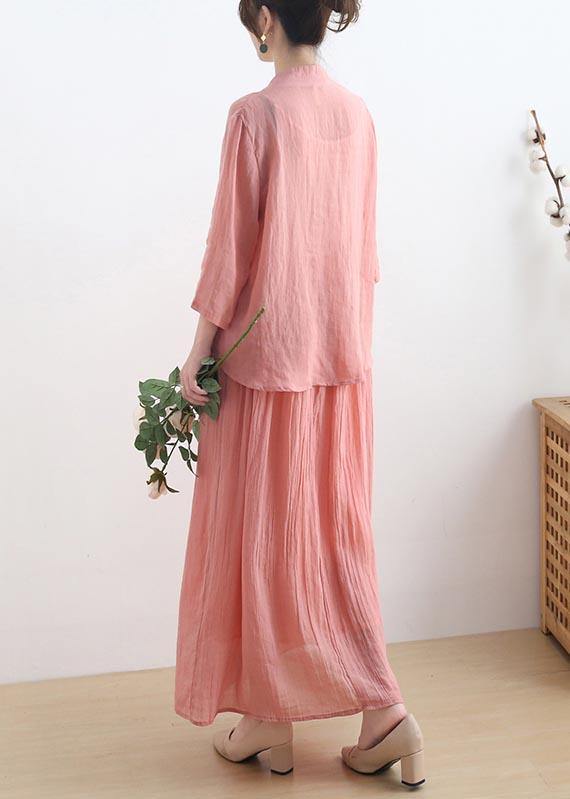 Birds Over The Clouds- Pink Oriental Summer Linen Outfit Blouse & Pants Two Pieces Set