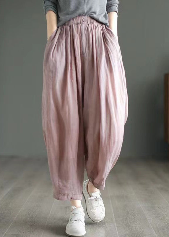 Loose Pink Pockets Elastic Waist Linen Pants Summer