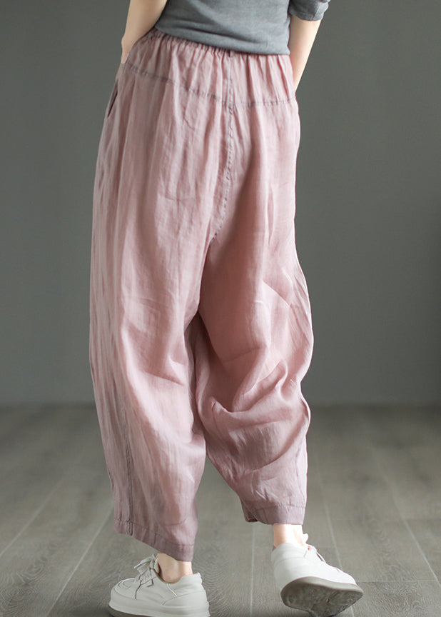 Loose Pink Pockets Elastic Waist Linen Pants Summer