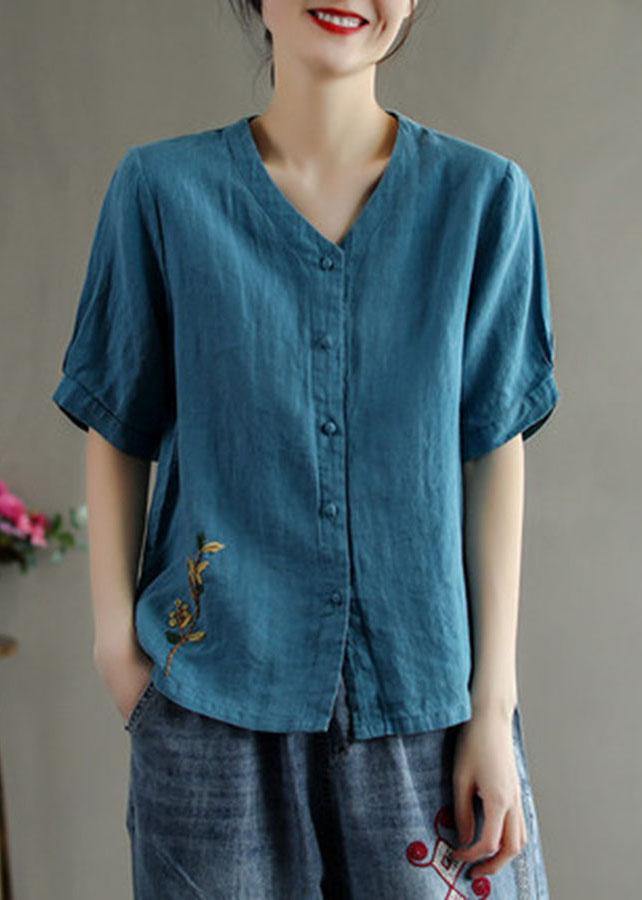 Loose Pink V Neck Embroideried Floral Summer Linen Shirt