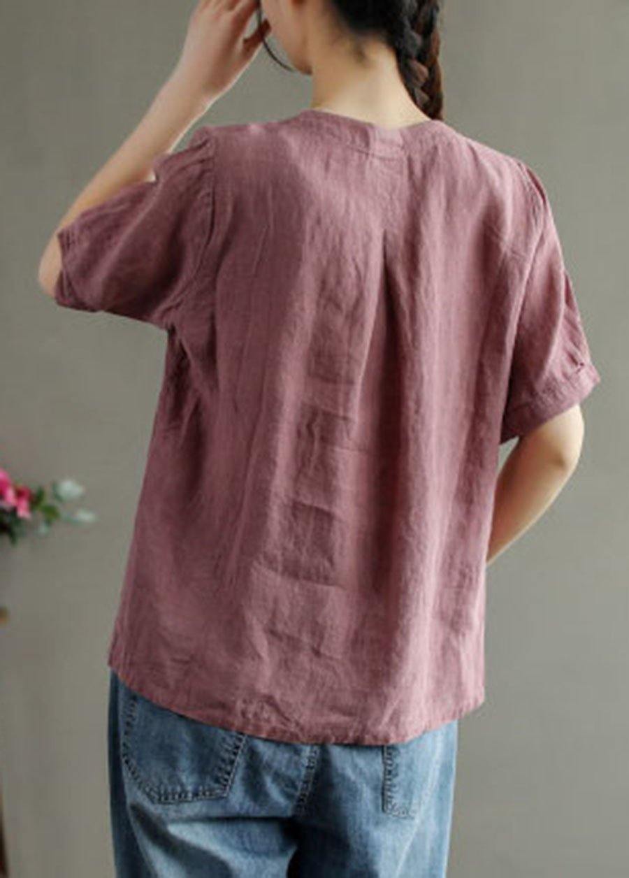 Loose Pink V Neck Embroideried Floral Summer Linen Shirt