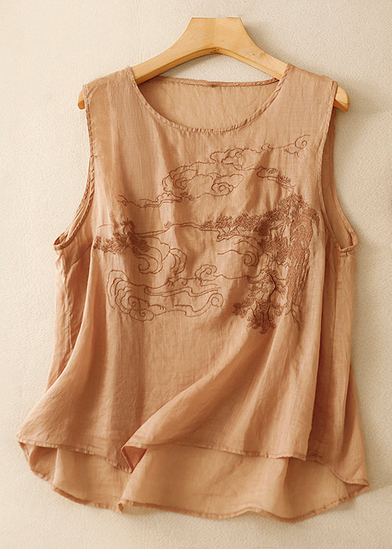 Loose Purple Embroidered Solid Cotton Tank Sleeveless