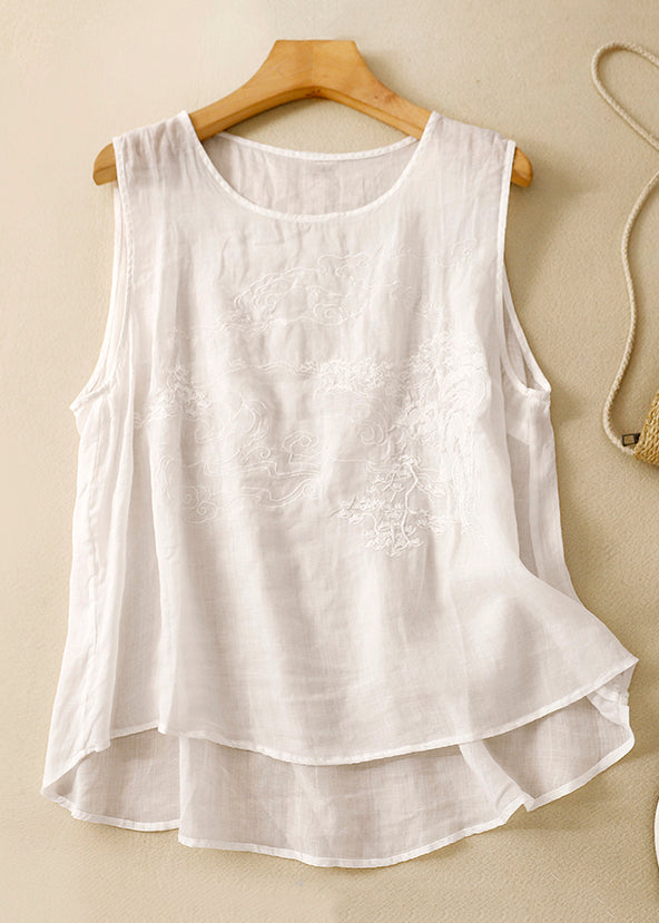 Loose Purple Embroidered Solid Cotton Tank Sleeveless