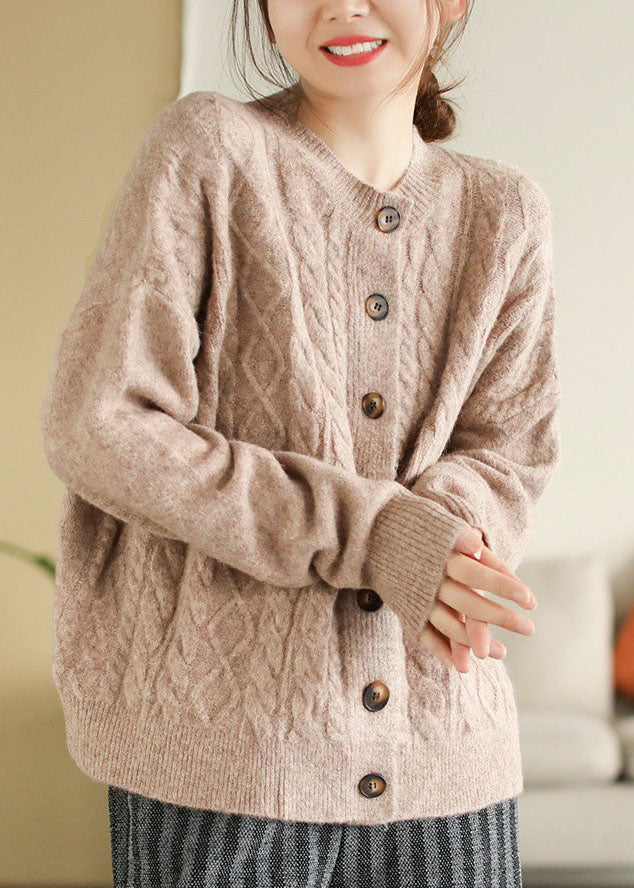 Loose Purple O Neck Button Cable Knit Cardigan Spring