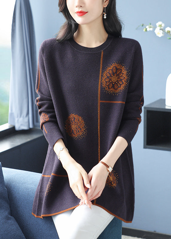 Loose Purple O Neck Zircon Woolen Knit Mid Dress Spring