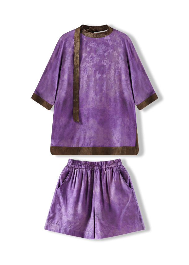 Loose Purple Tops And Shorts Silk Two Piece Set Women Clothing Summer