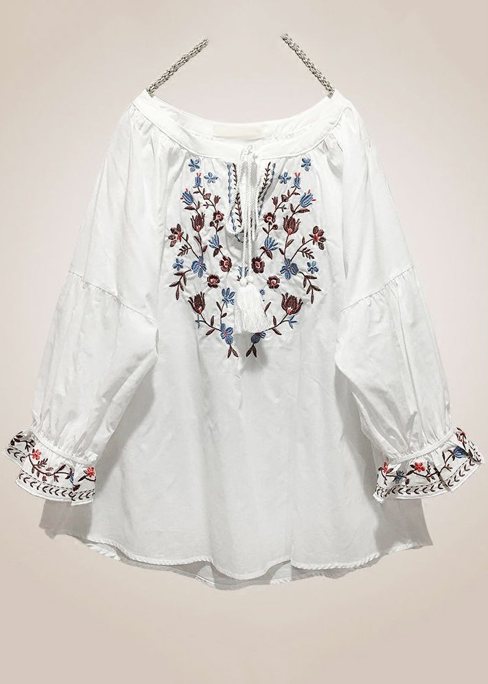 Loose Red Embroidered Lace Up Cotton Shirt Long Sleeve