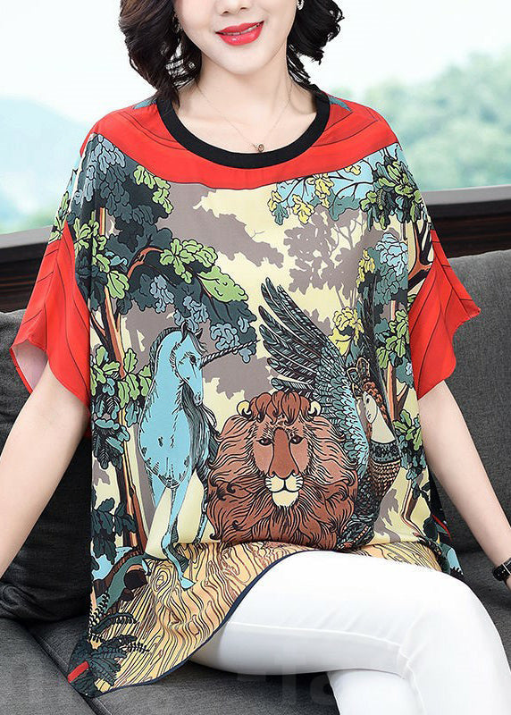 Loose Red O-Neck Animal Print Chiffon Tank Tops Batwing Sleeve