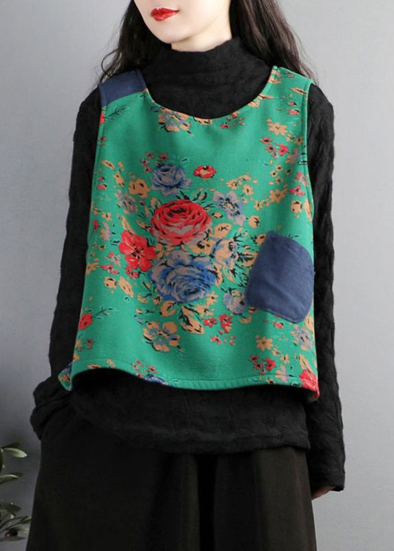 Loose Red O Neck Print Warm Fleece Waistcoat Sleeveless