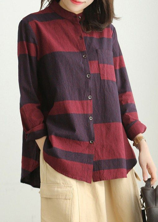 Loose Red Stand Collar Button Cotton Blouses Long Sleeve