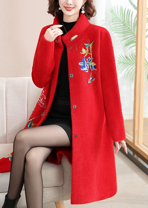 Loose Red Stand Collar Long Woolen Coats Spring