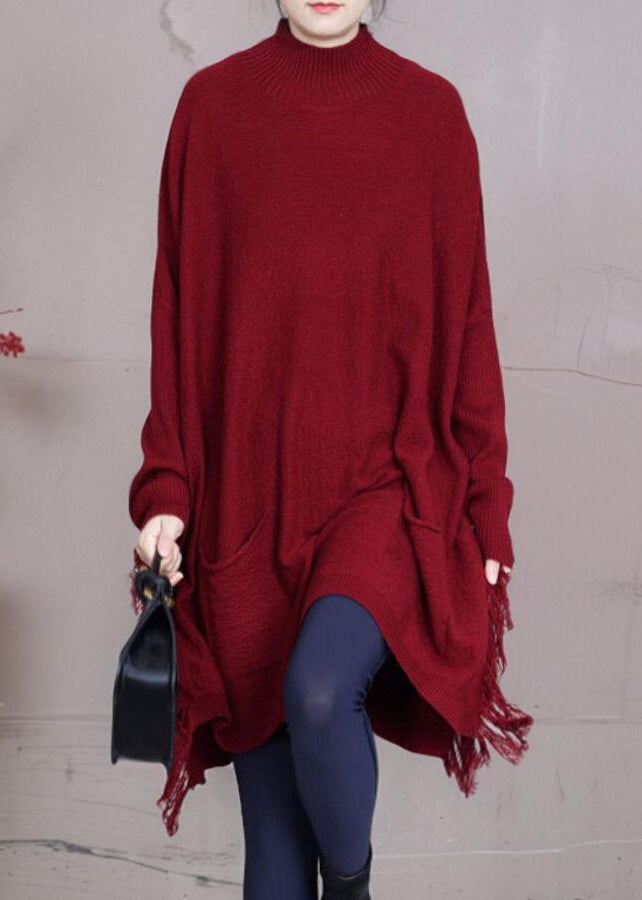 Loose Red Tasseled Pockets Knit Sweater Dress Spring