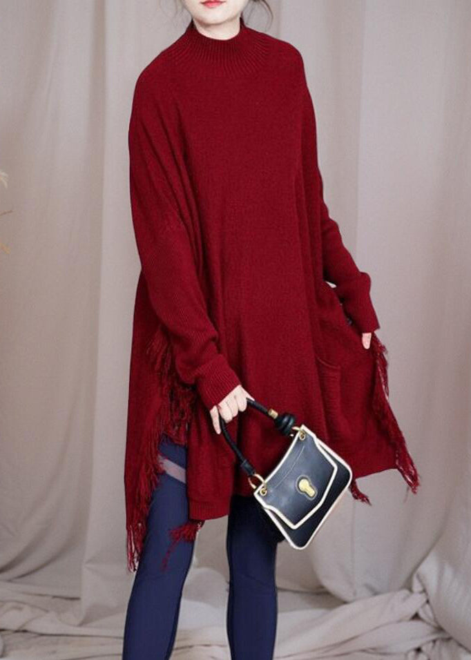 Loose Red Tasseled Pockets Knit Sweater Dress Spring