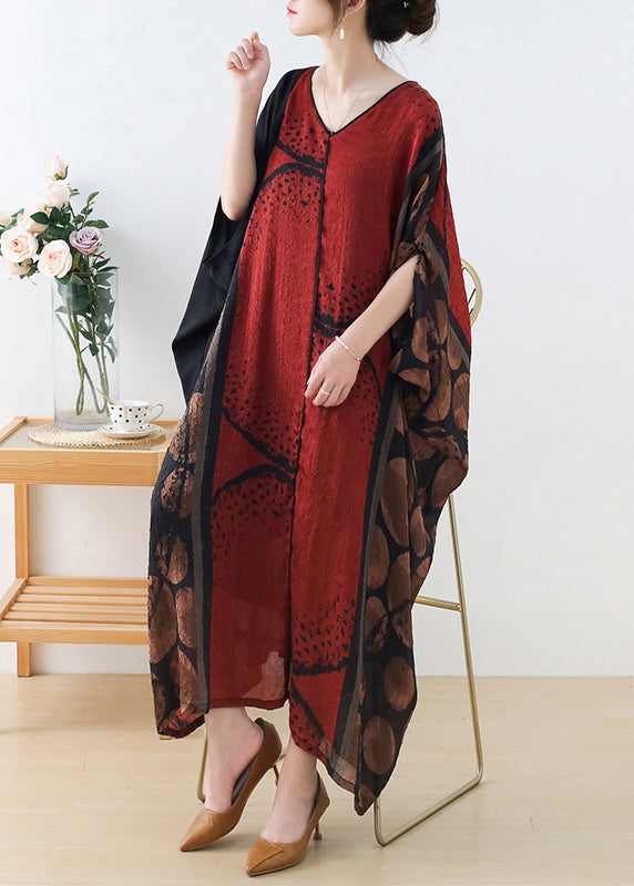 Loose Red V Neck Asymmetrical Design Patchwork Chiffon Dresses Batwing Sleeve