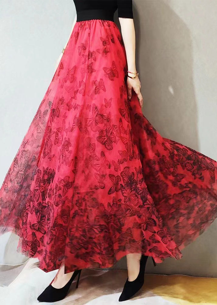 Loose Red Wrinkled Butterfly Print High Waist Tulle Skirt Spring