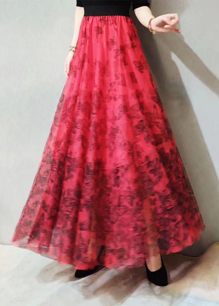 Loose Red Wrinkled Butterfly Print High Waist Tulle Skirt Spring