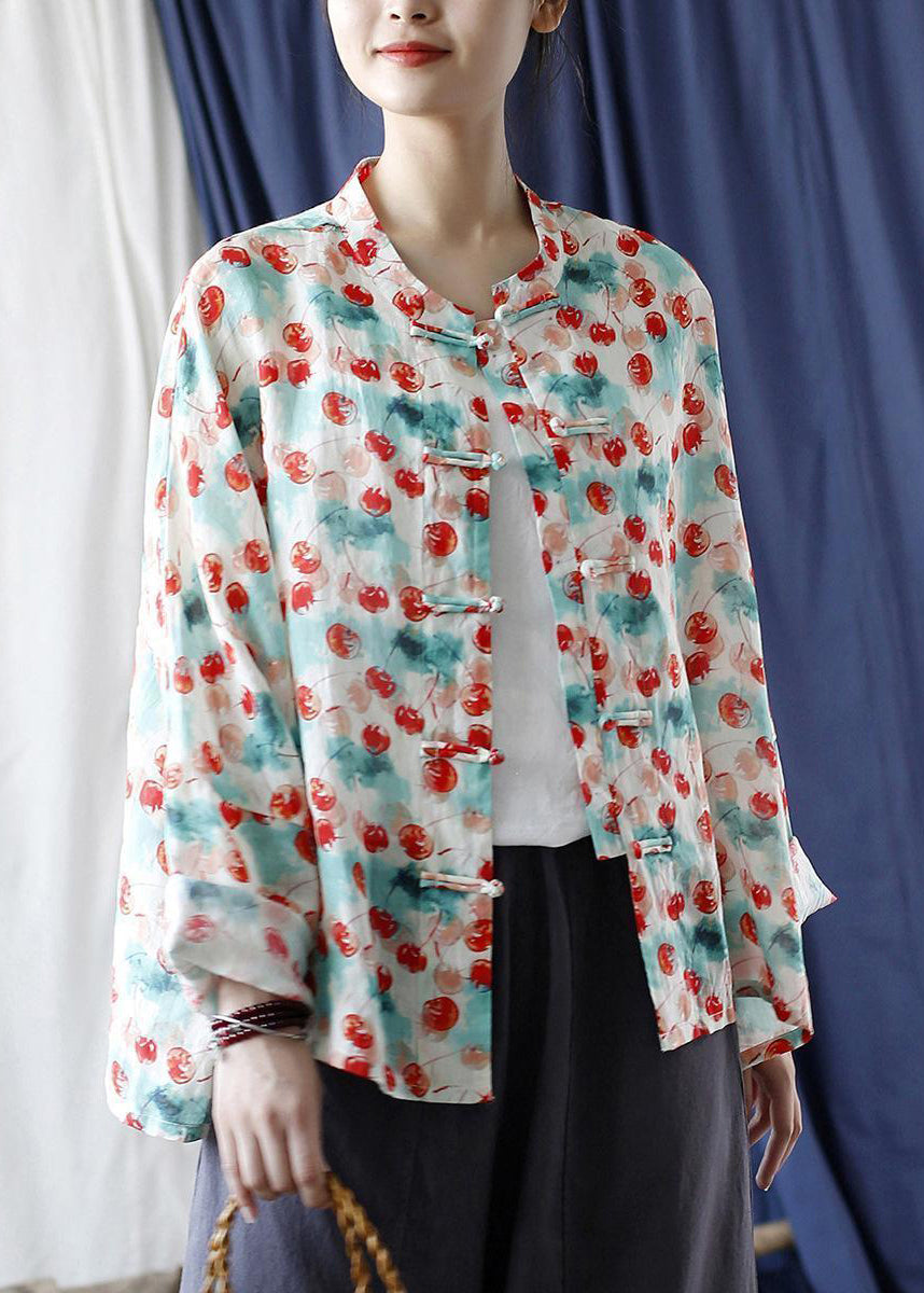 Loose Stand Collar Print Button Linen Blouse Long Sleeve