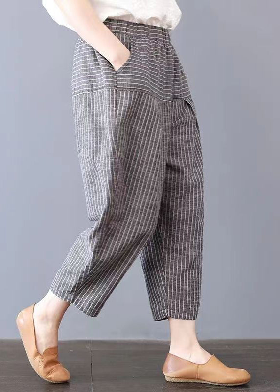 Loose Striped Pockets Elastic Waist Linen Harem Pants Summer