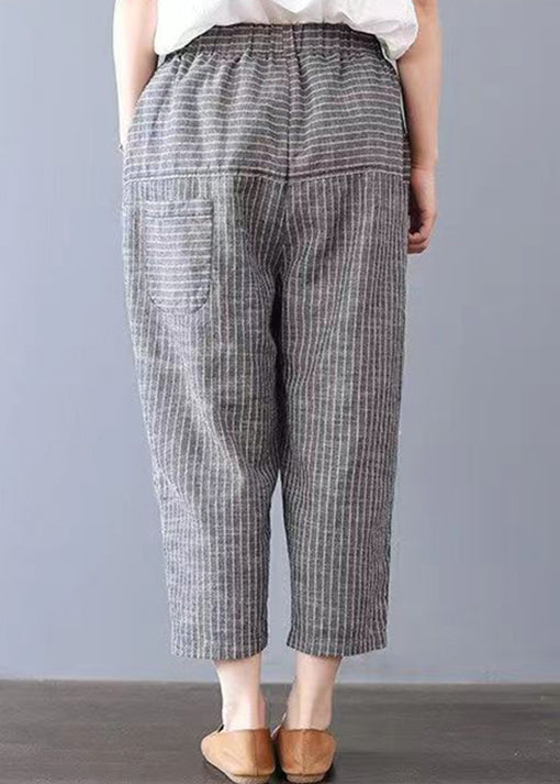 Loose Striped Pockets Elastic Waist Linen Harem Pants Summer