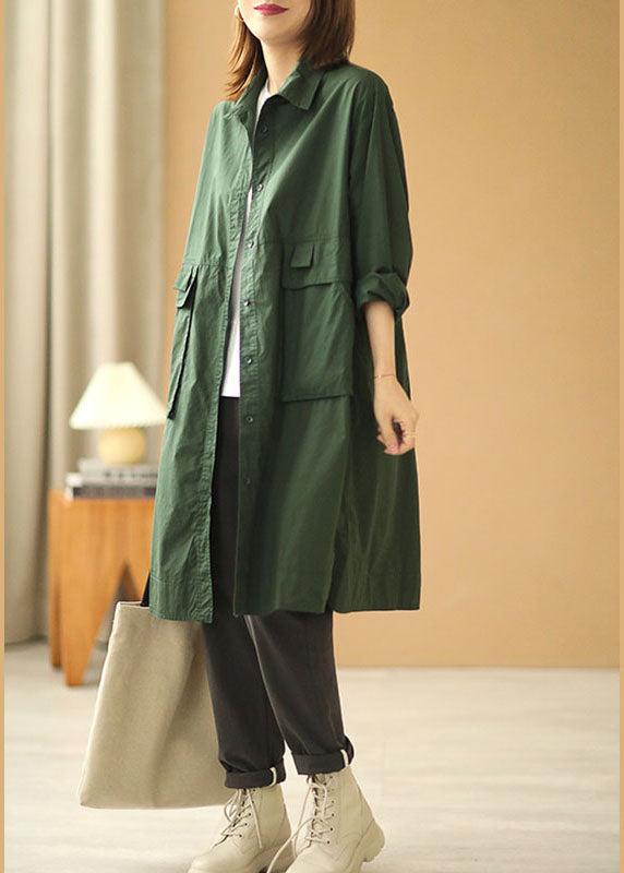 Loose Tea Green Peter Pan Collar Button Pockets Fall Long Sleeve Trench Coat