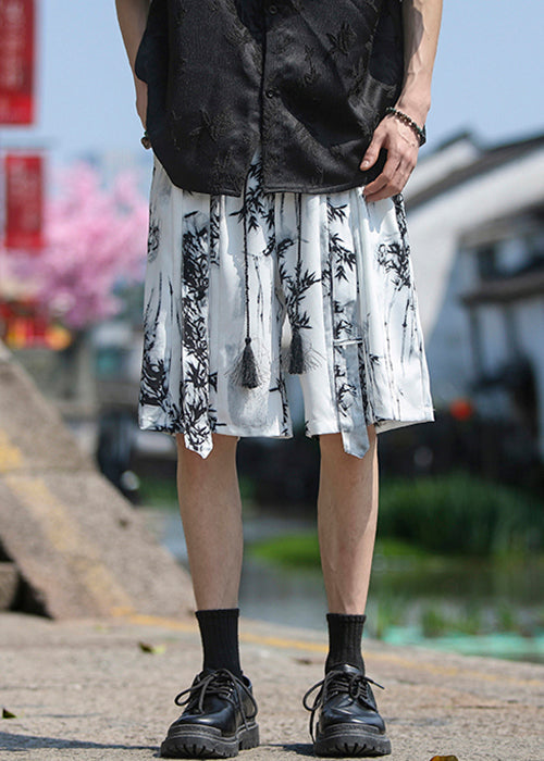 Loose White Pockets Print Ice Silk Mens Shorts Summer