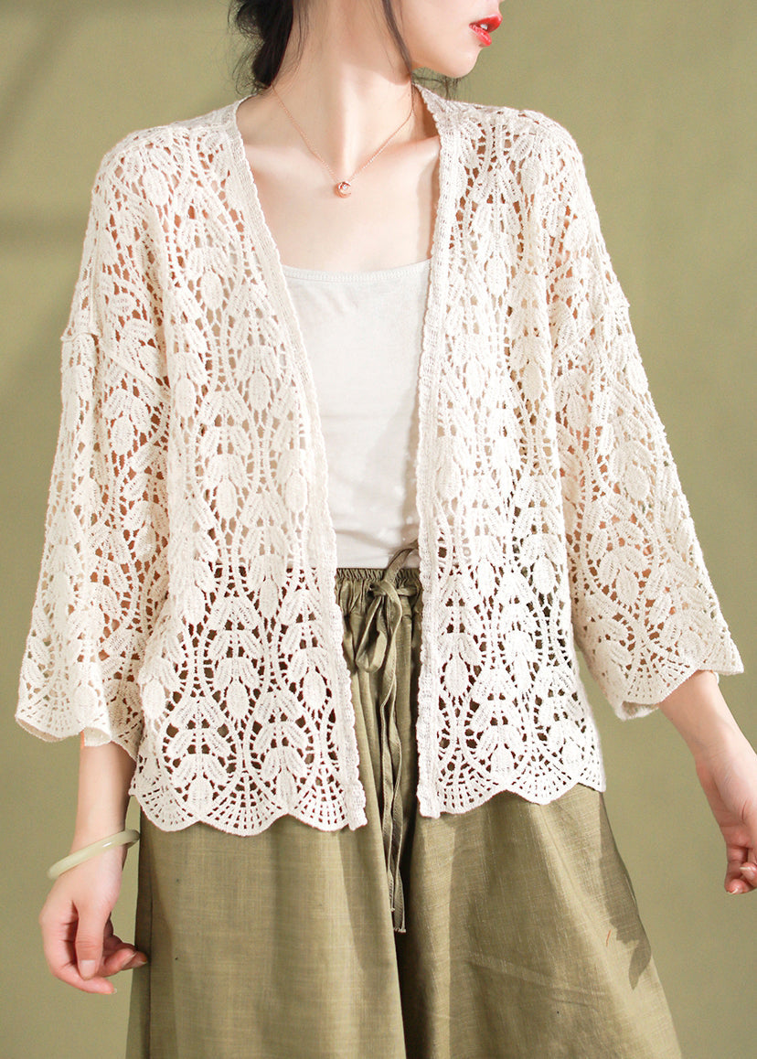 Loose White V Neck Hollow Out Knit Cardigan Summer